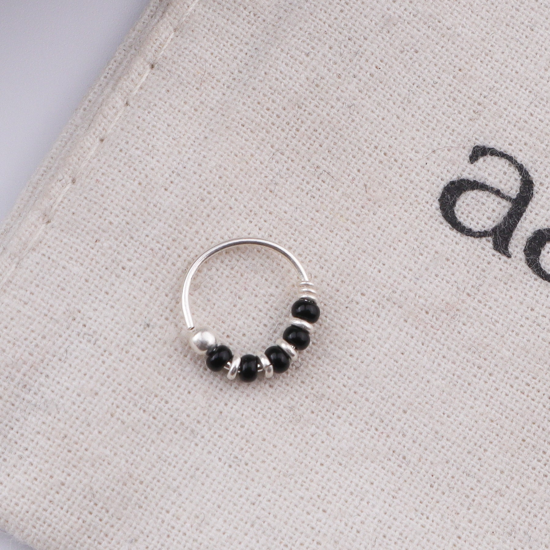Silver Septum Cum Nose Ring with Black Bead (Pierced)
