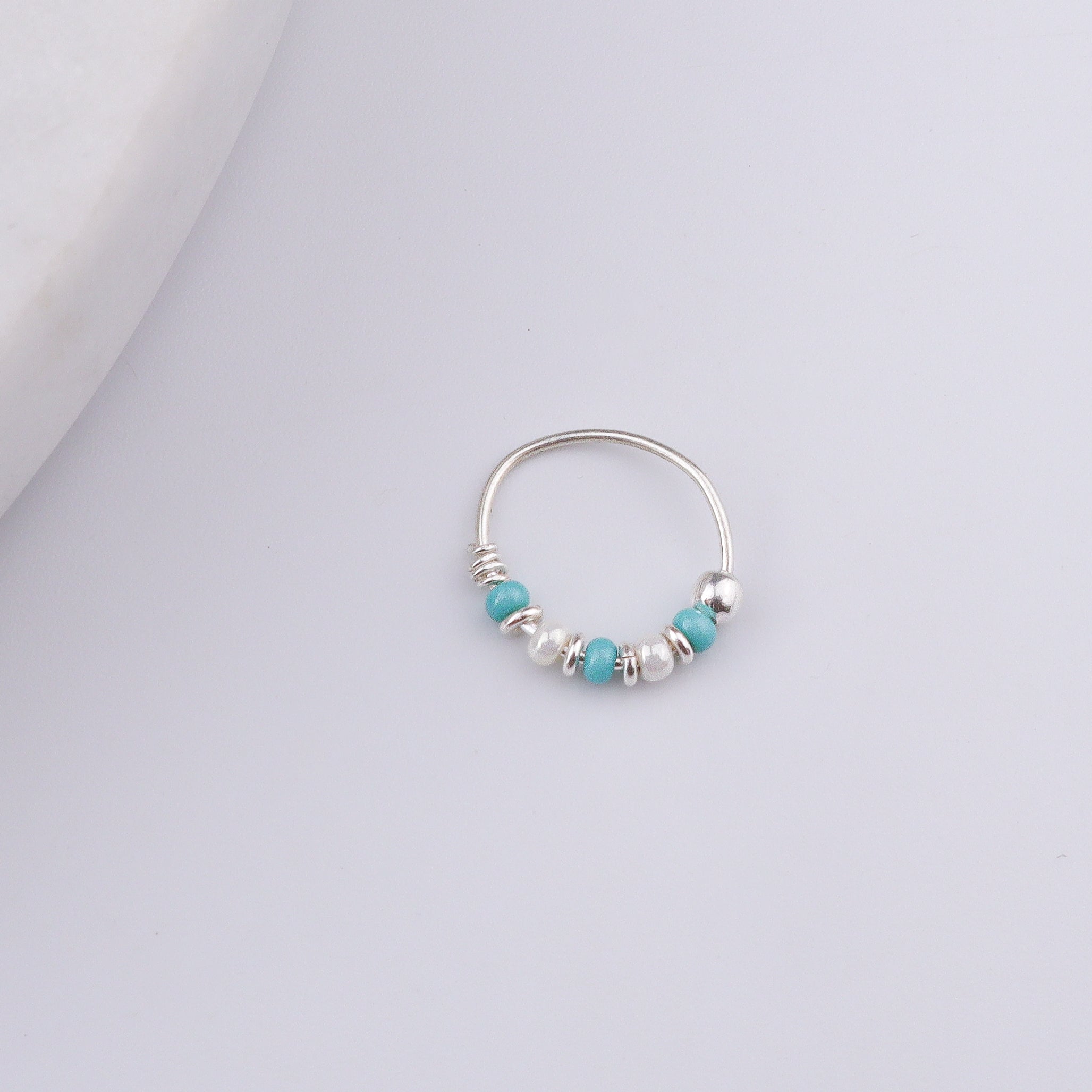 Silver Septum Cum Nose Ring with Blue & White Bead (Pierced)