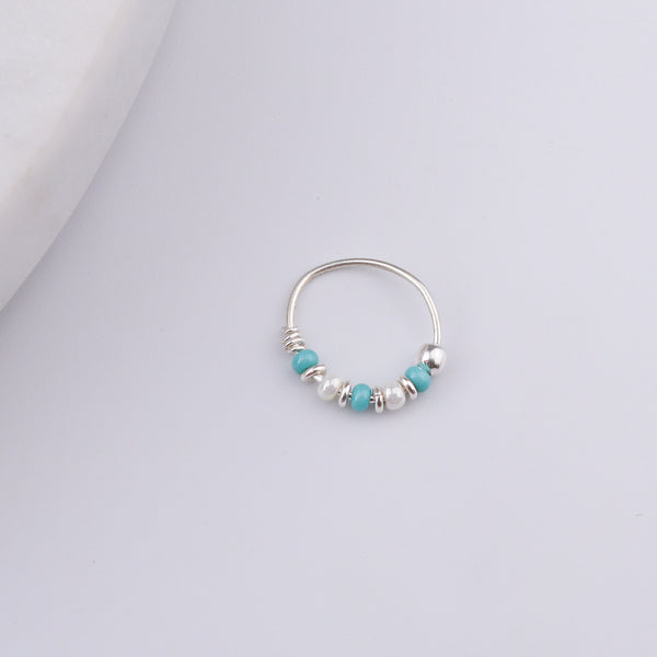 Silver Septum Cum Nose Ring with Blue & White Bead (Pierced)