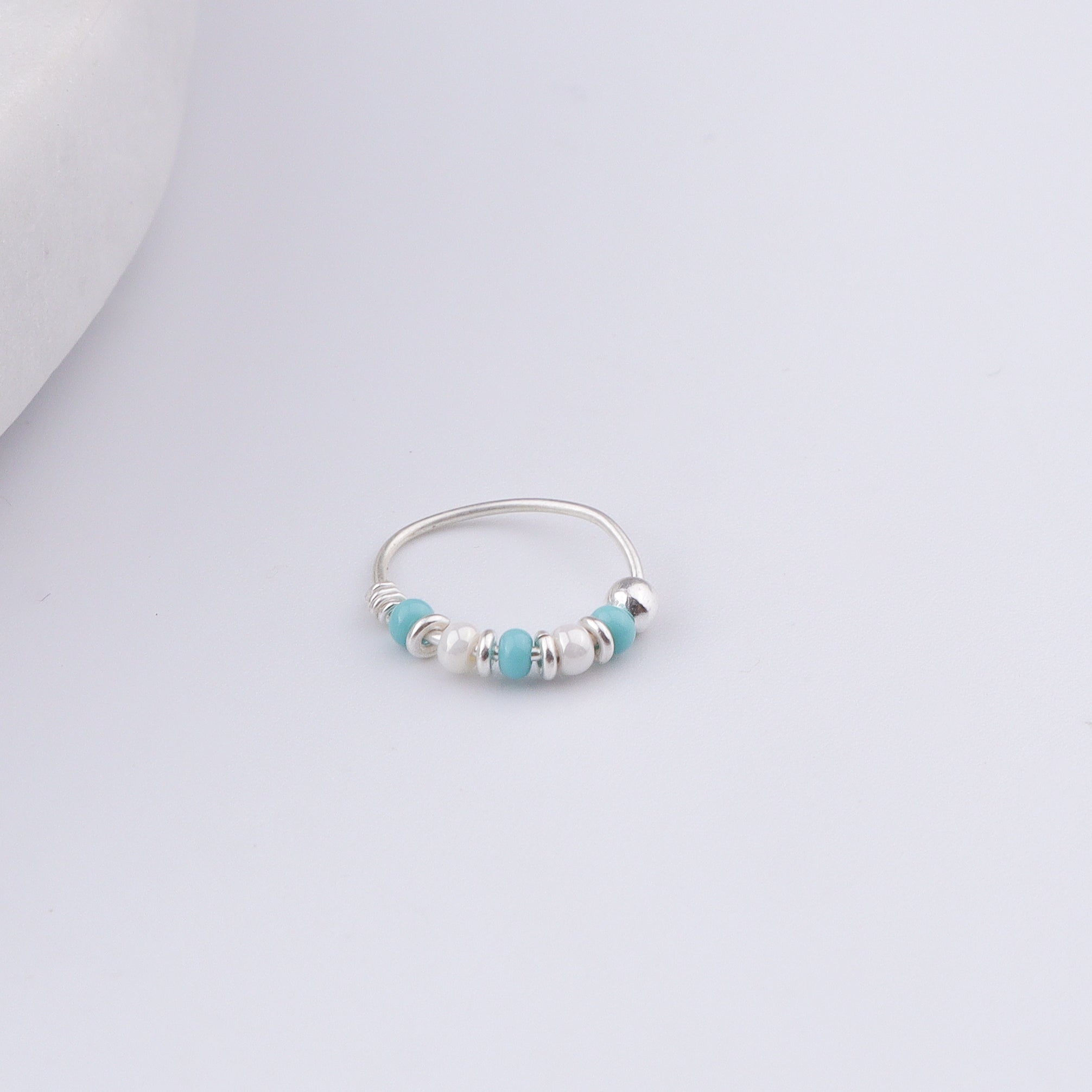Silver Septum Cum Nose Ring with Blue & White Bead (Pierced)