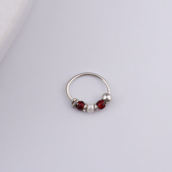 Silver Septum Cum Nose Ring with Red & White Bead (Pierced)