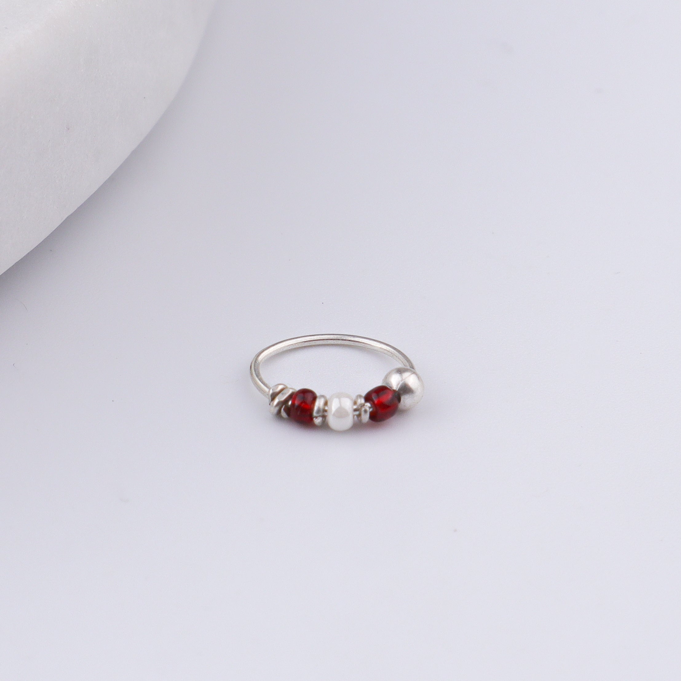 Silver Septum Cum Nose Ring with Red & White Bead (Pierced)