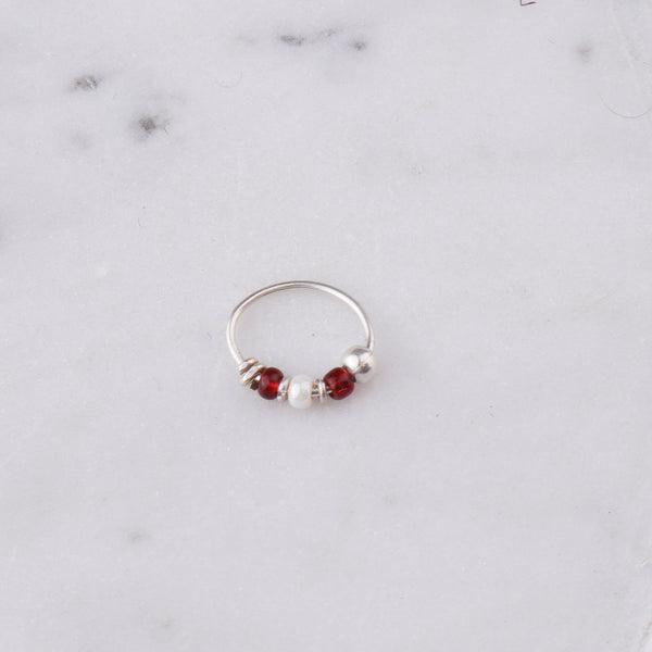 Silver Septum Cum Nose Ring with Red & White Bead (Pierced)