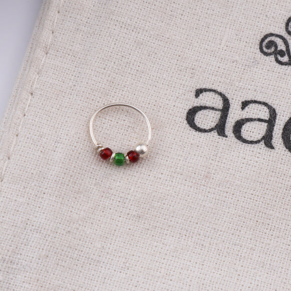 Silver Septum Cum Nose Ring with Green & Red Bead (Pierced)