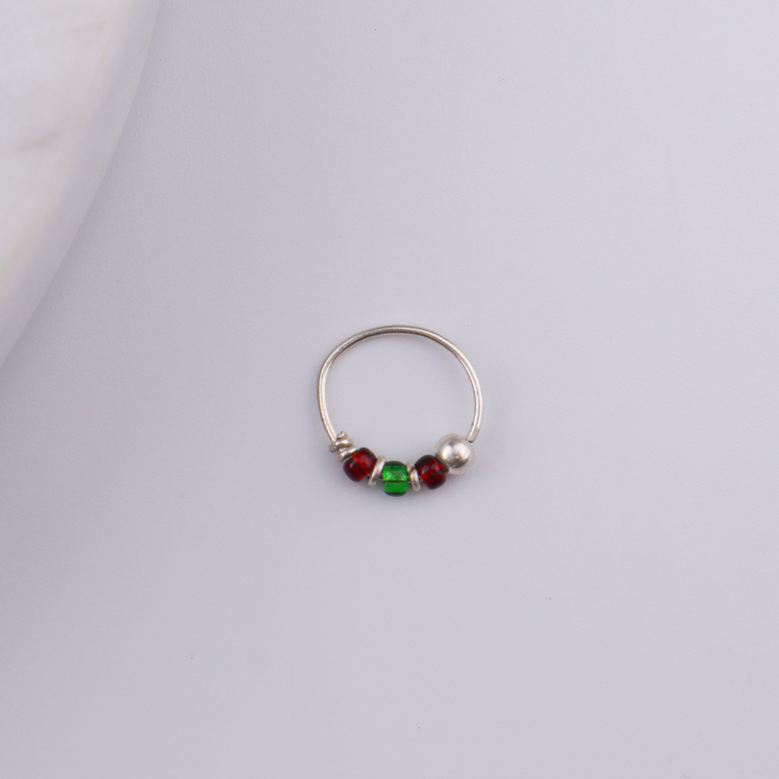 Silver Septum Cum Nose Ring with Green & Red Bead (Pierced)