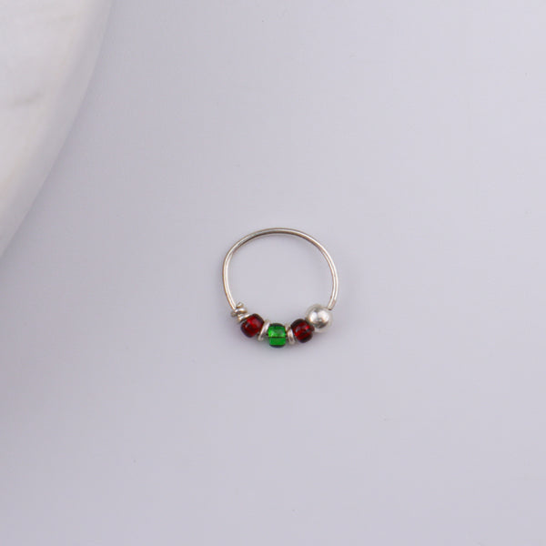 Silver Septum Cum Nose Ring with Green & Red Bead (Pierced)
