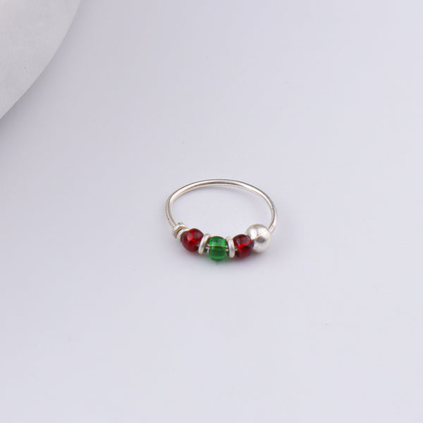 Silver Septum Cum Nose Ring with Green & Red Bead (Pierced)