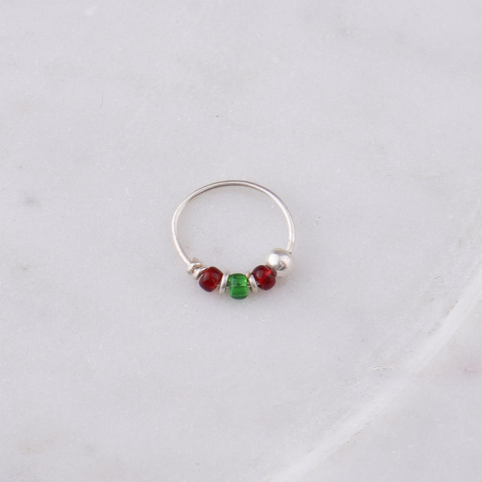 Silver Septum Cum Nose Ring with Green & Red Bead (Pierced)