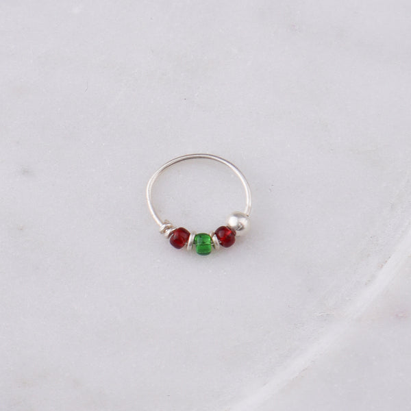 Silver Septum Cum Nose Ring with Green & Red Bead (Pierced)
