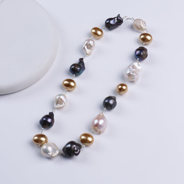 Baroque and Shell Pearls Silver Ganthan Necklace