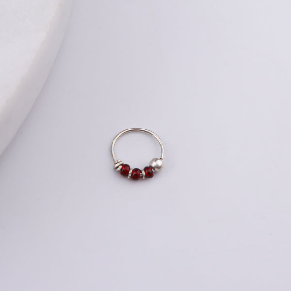 Silver Septum Cum Nose Ring with Red Bead (Pierced)
