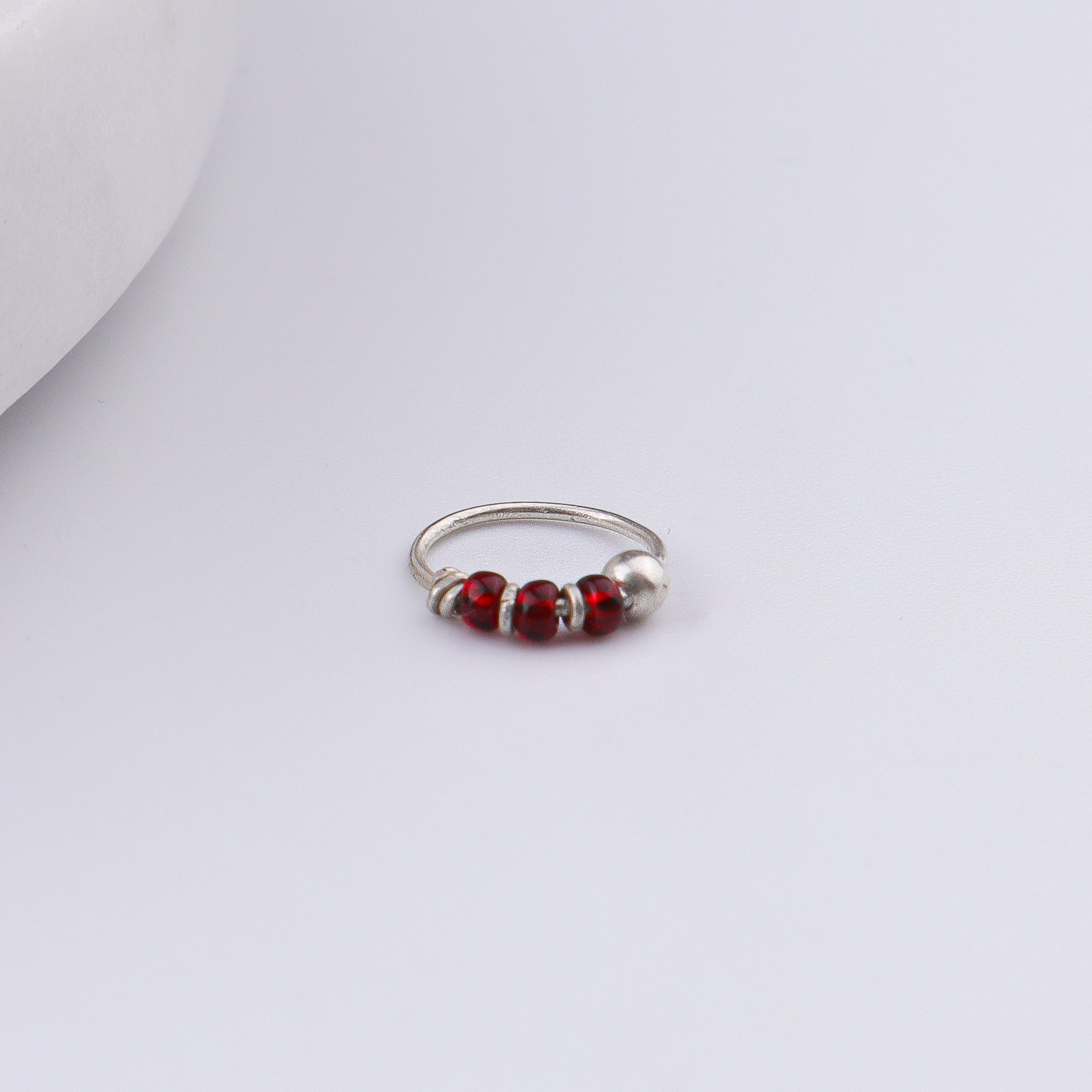 Silver Septum Cum Nose Ring with Red Bead (Pierced)
