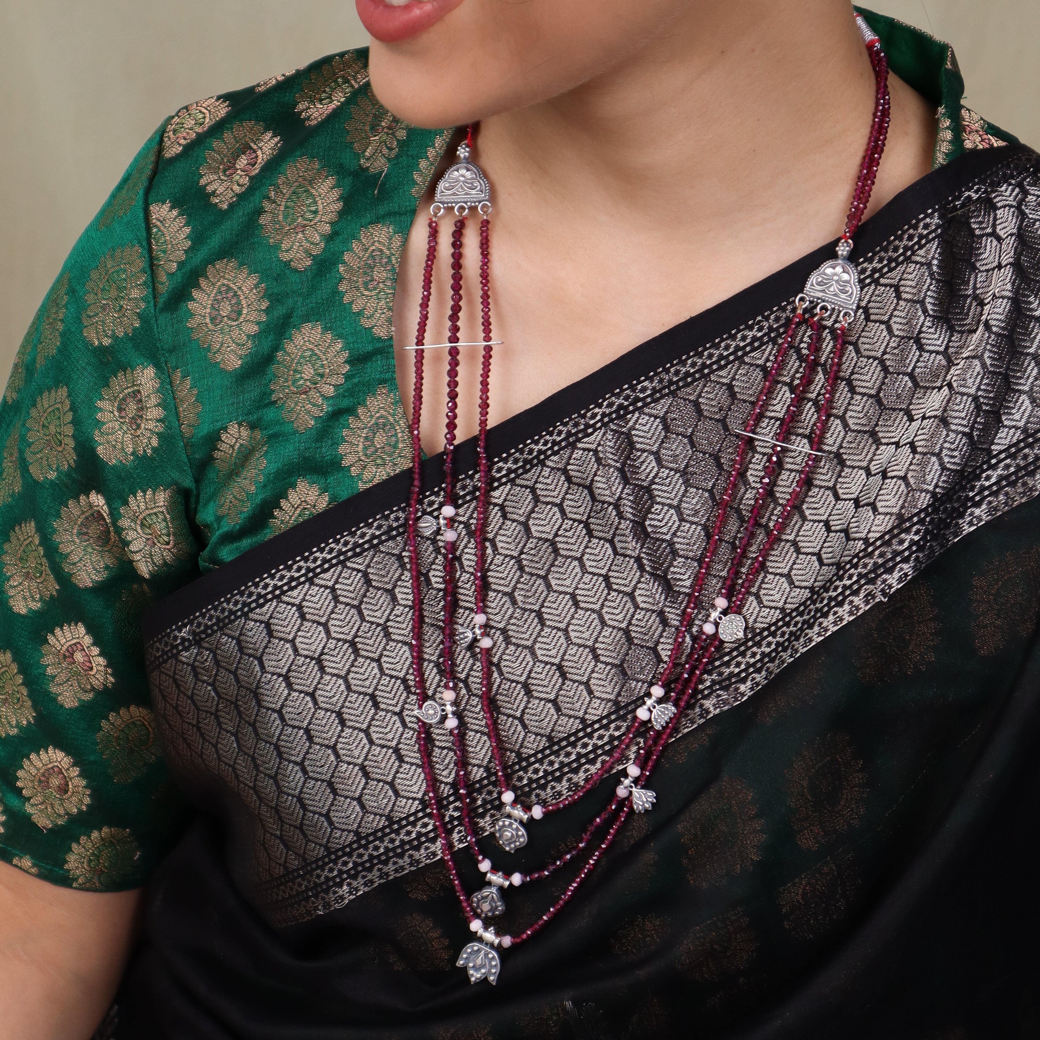 Saaj Motif Satlada Inspired Necklace with Dual Size Garnet Stones and Moonstones (3 layered)
