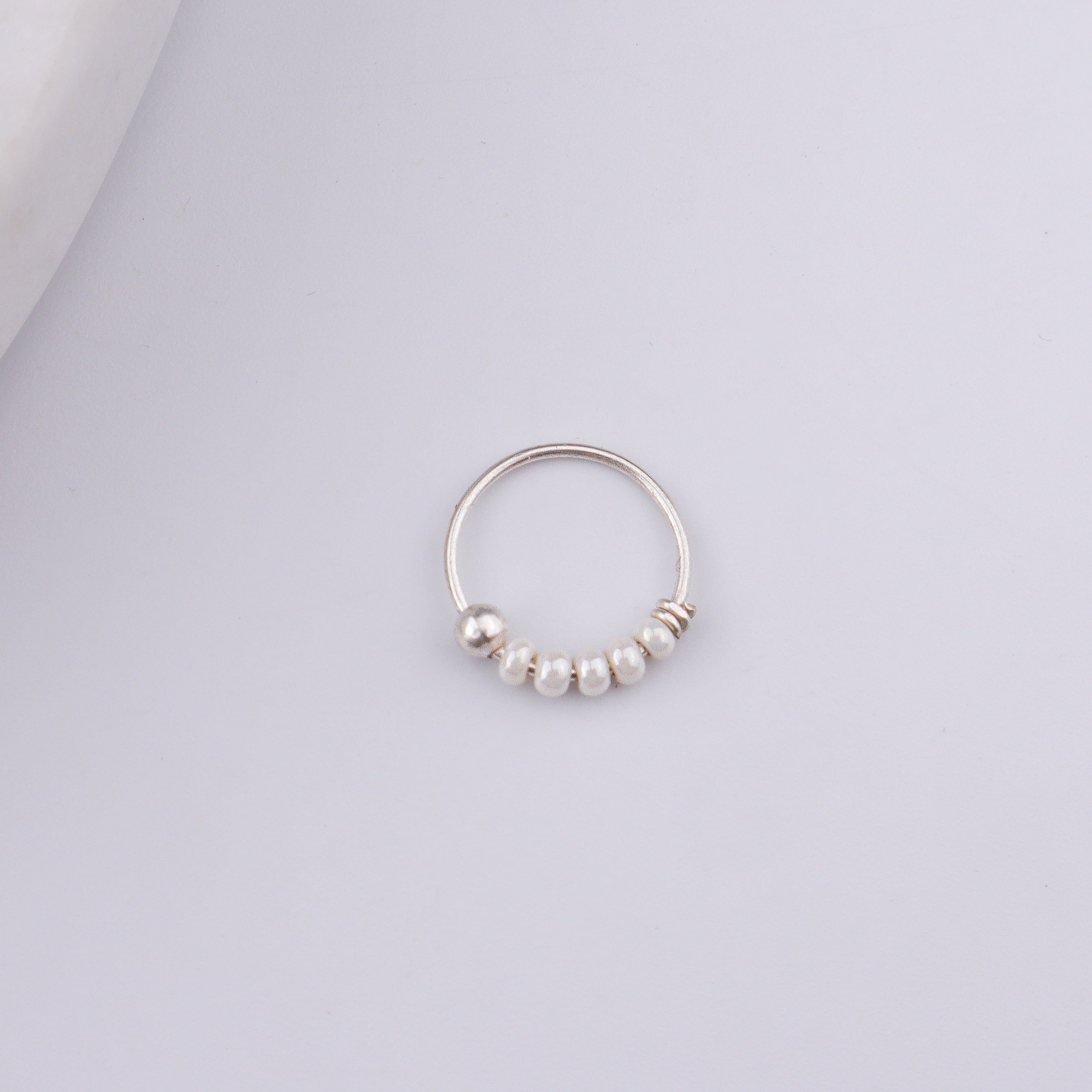 Silver Septum Cum Nose Ring with White Bead (Pierced)