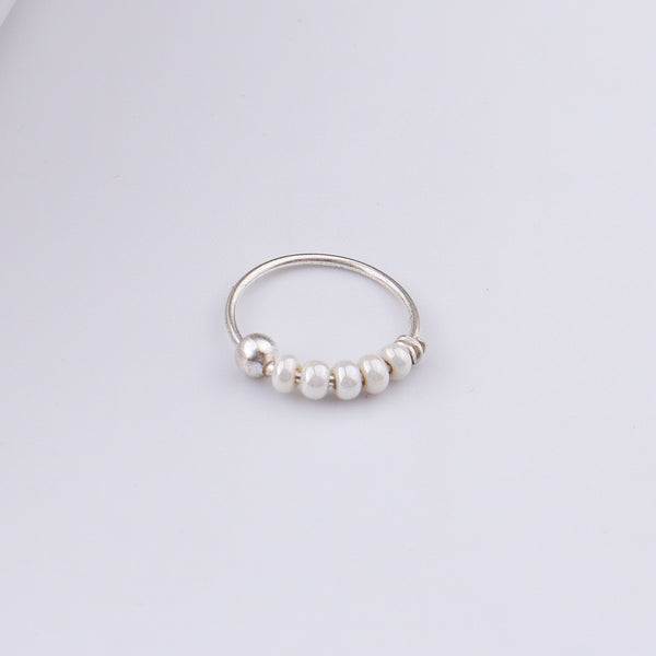Silver Septum Cum Nose Ring with White Bead (Pierced)