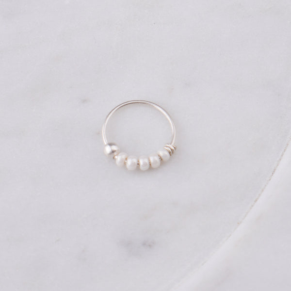 Silver Septum Cum Nose Ring with White Bead (Pierced)
