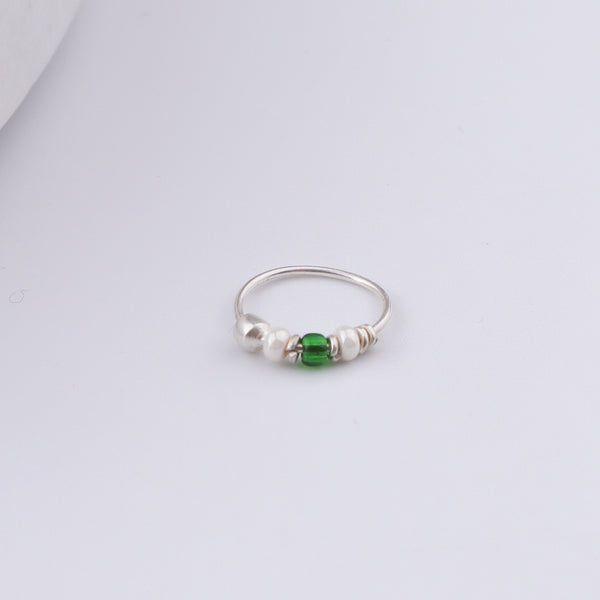 Silver Septum Cum Nose Ring with Green & White Bead (Pierced)
