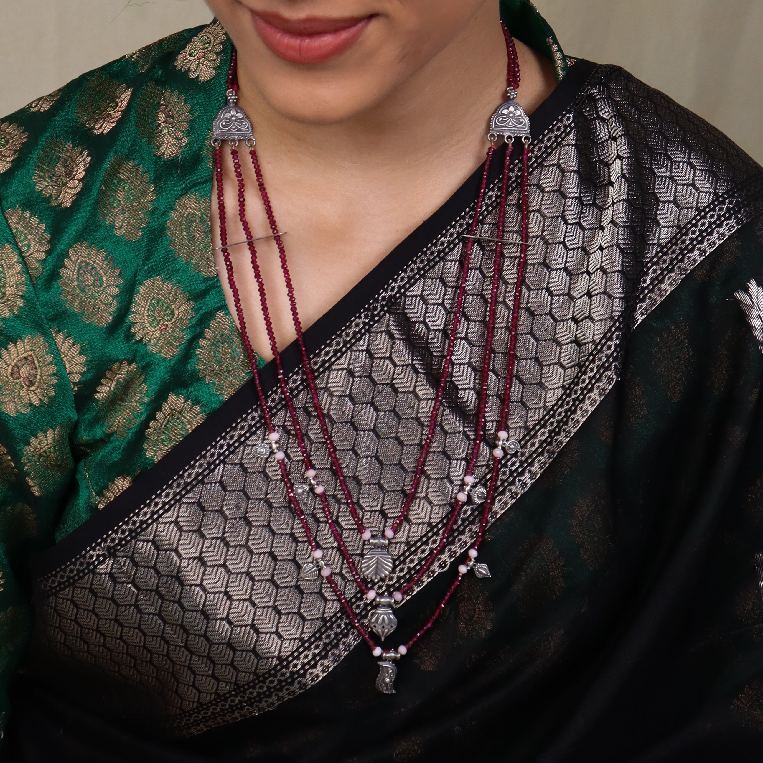 Saaj Motif Satlada Inspired Necklace with Garnet Stones and Moonstones (3 layered)