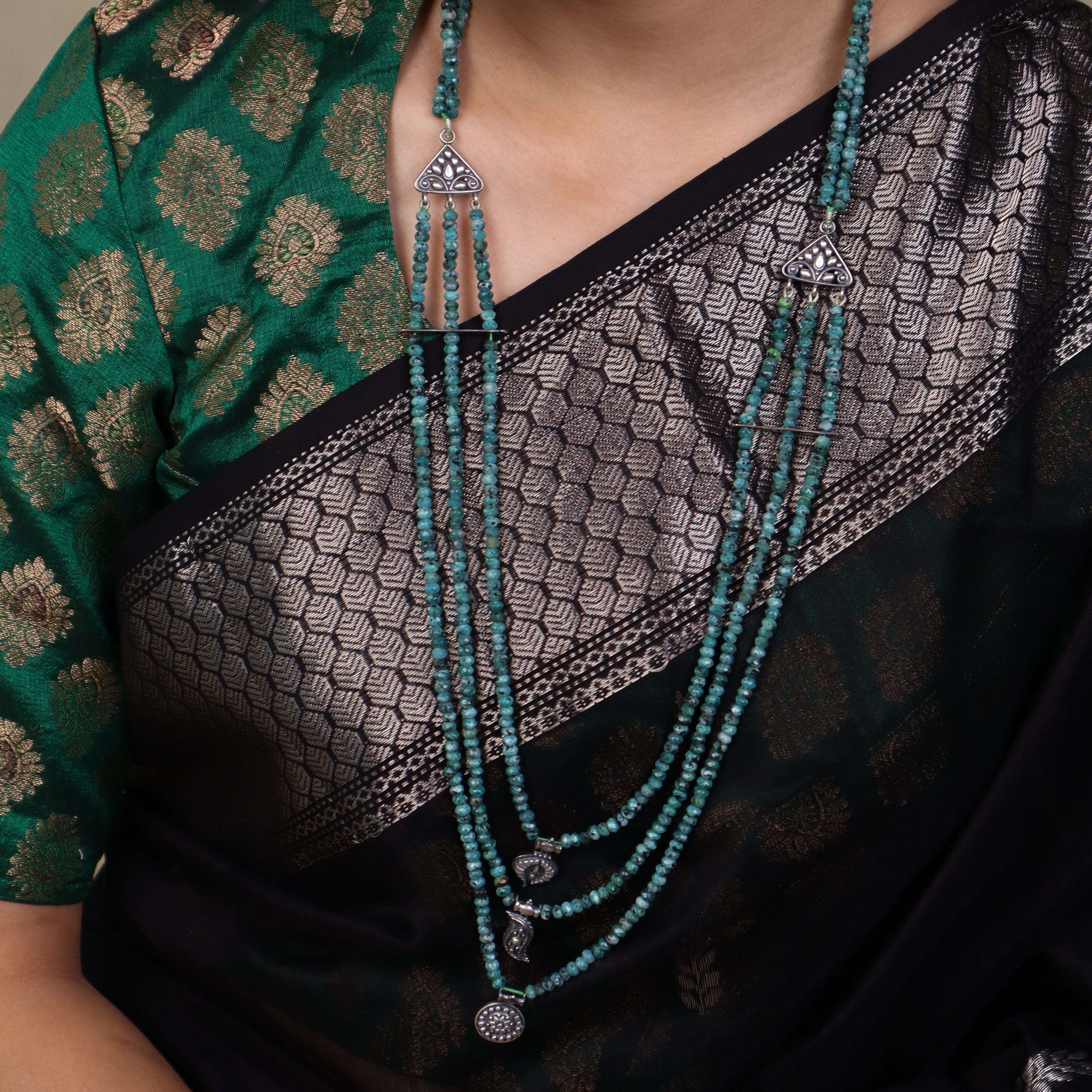 Saaj motif satlada inspired necklace with green sapphire stones (3 layered)
