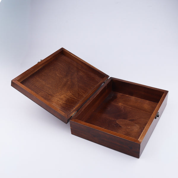 Open wooden jewelry storage box