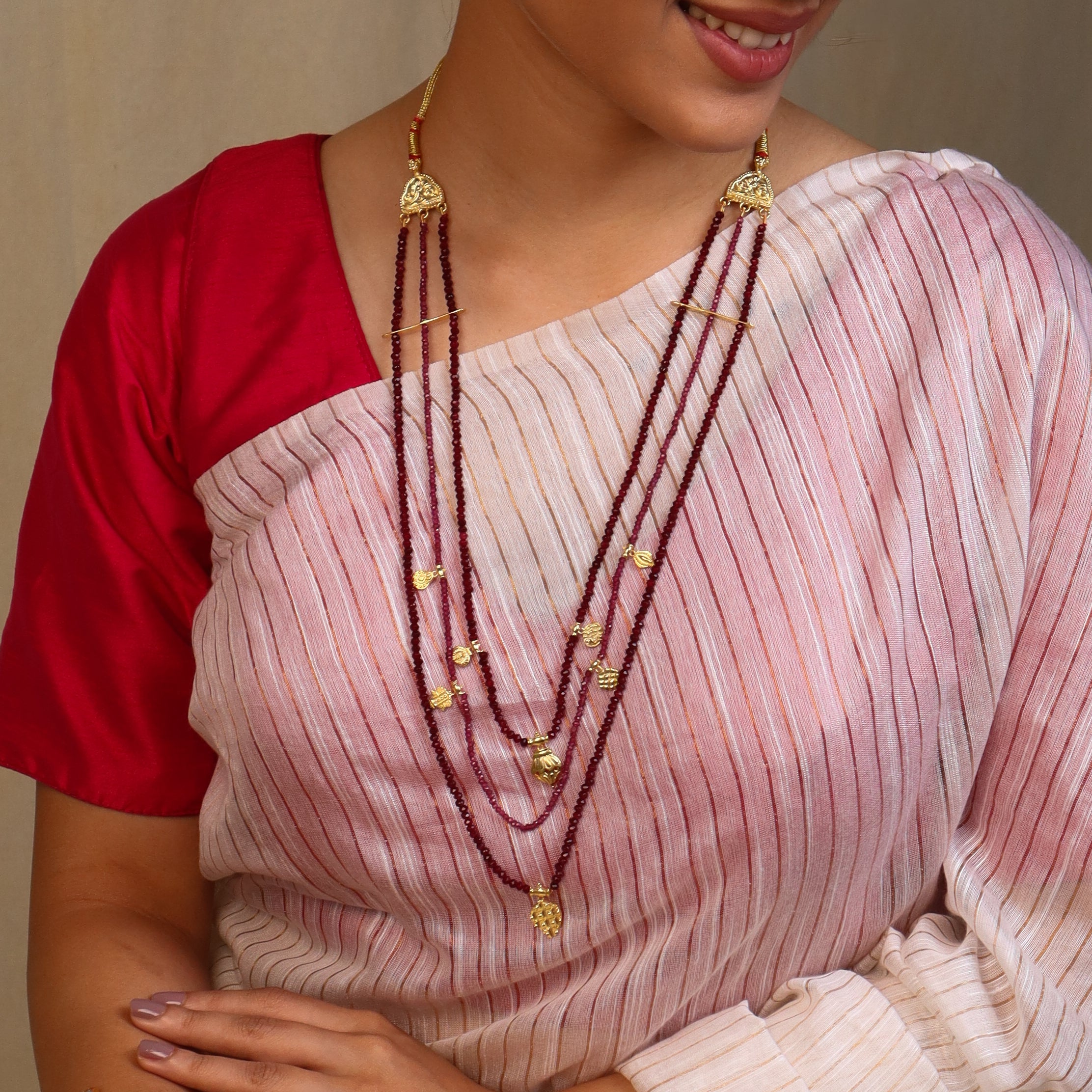 Saaj Motif Satlada Inspired Necklace with Garnets and Ruby Stones | 925 Silver | 22K Gold Plated (3 layered)
