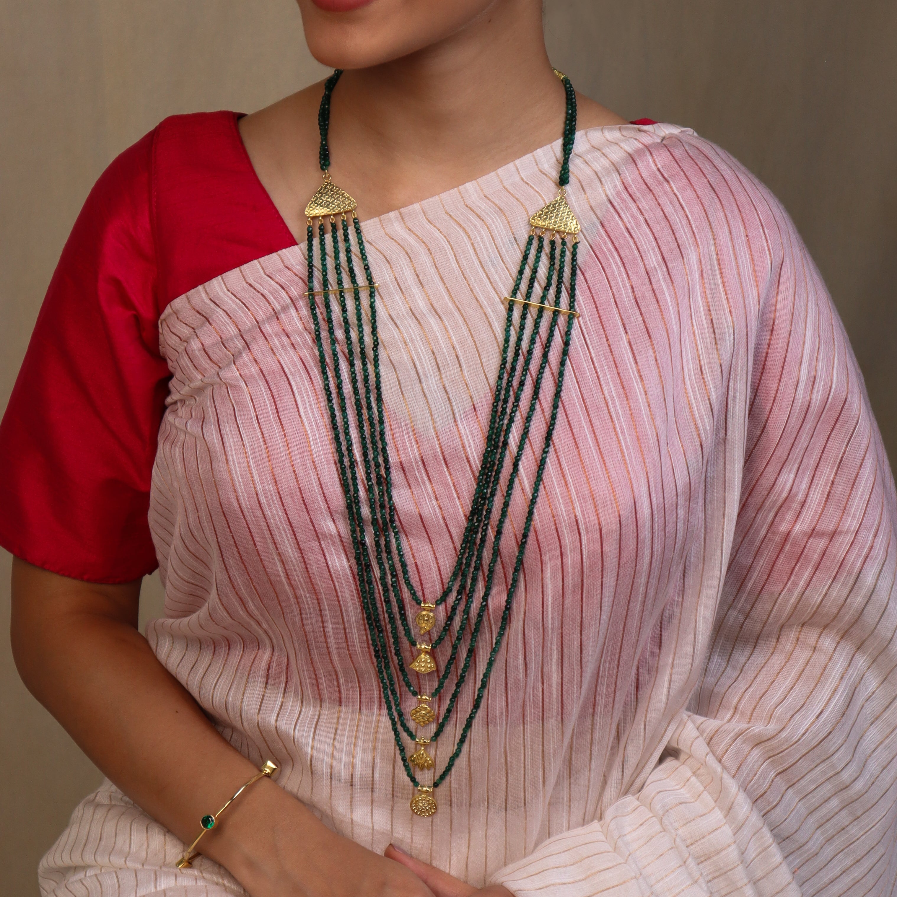 Saaj Motif Satlada Inspired Necklace with Green Onyx Stones | 5 Layered | 92.5 Silver | 22K Gold Plated