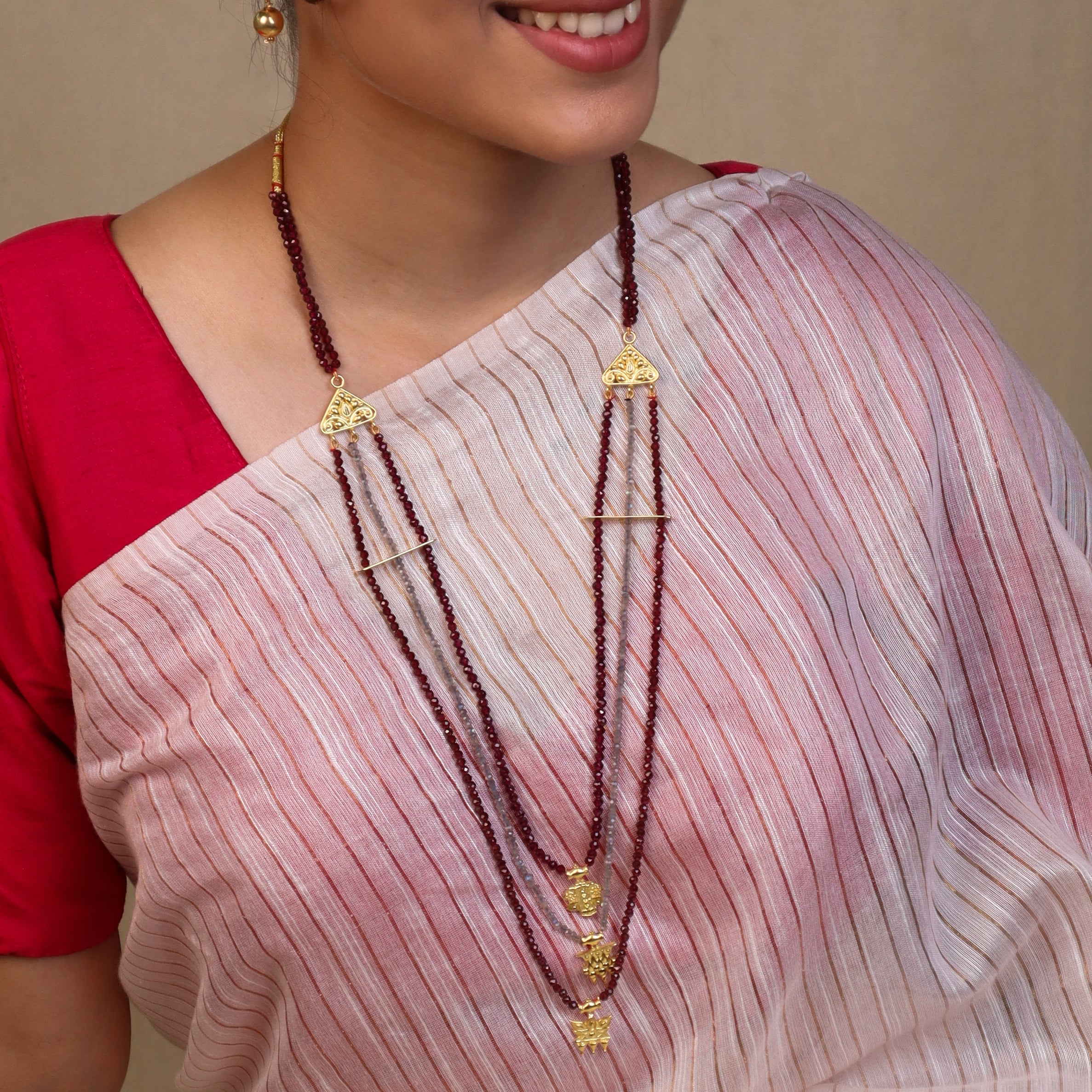 Saaj Motif Satlada Inspired Necklace with Garnets and Labradorite Stones | 925 Silver | 22K Gold Plated (3 Layered)