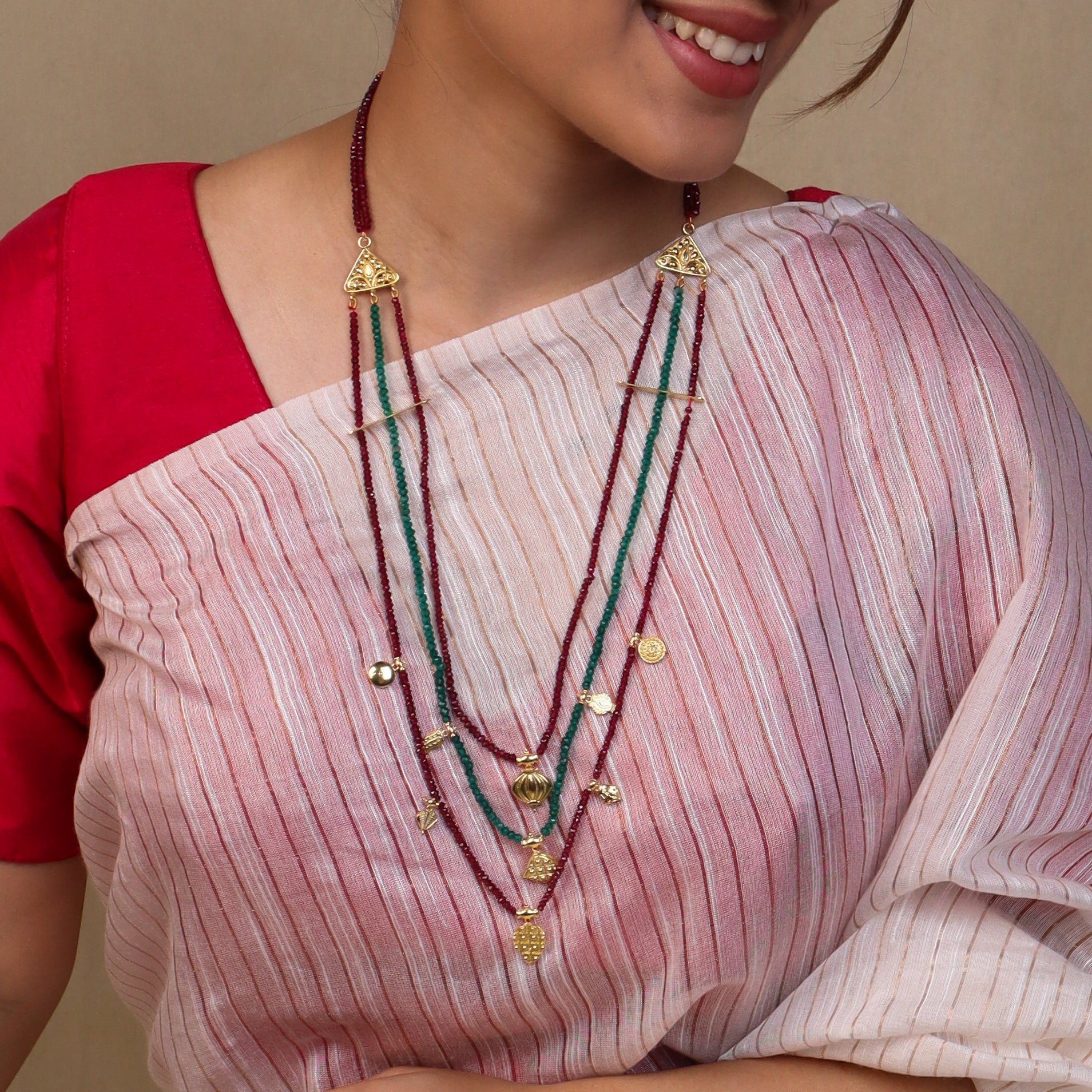 Saaj Motif Satlada Necklace with Green Onyx and Garnet Stones| 925 Silver| 22K Gold Plated (3 layered)