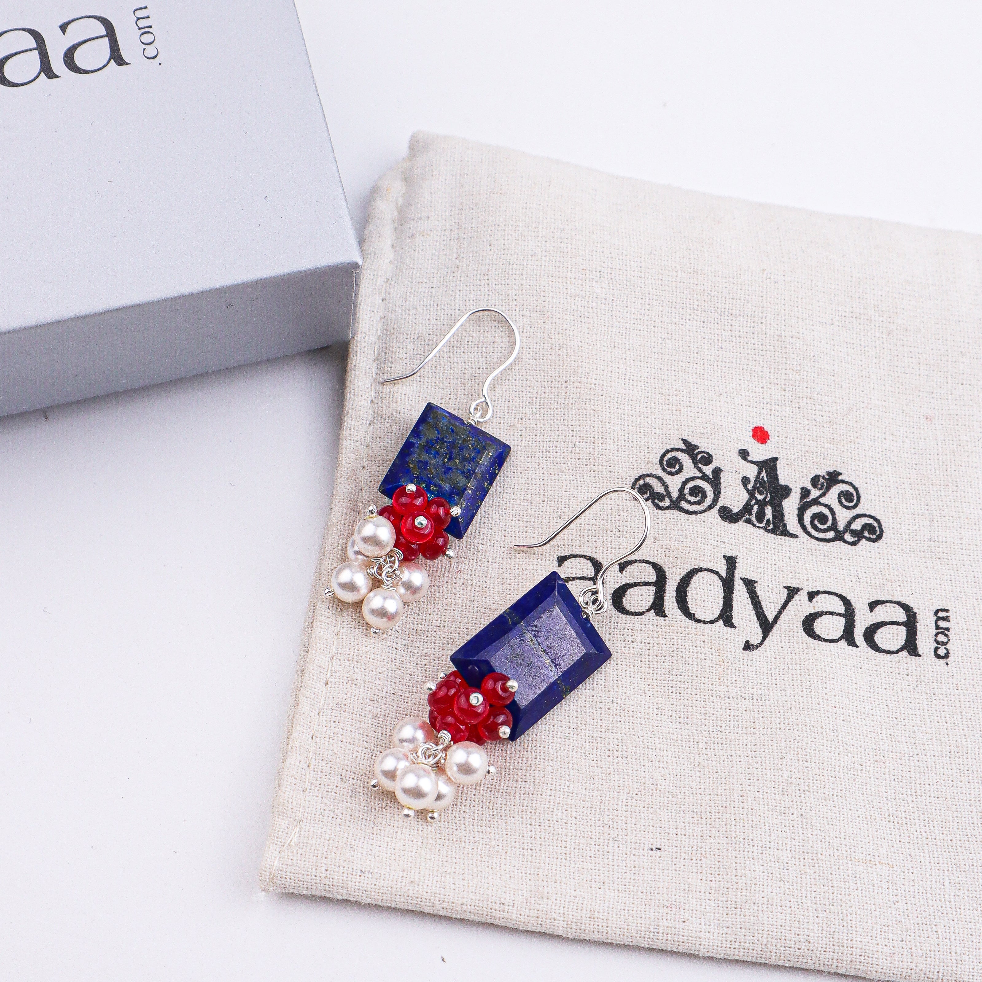 Lapis Chiclets, Ruby & Pearl Silver Earrings (Project Handmade)
