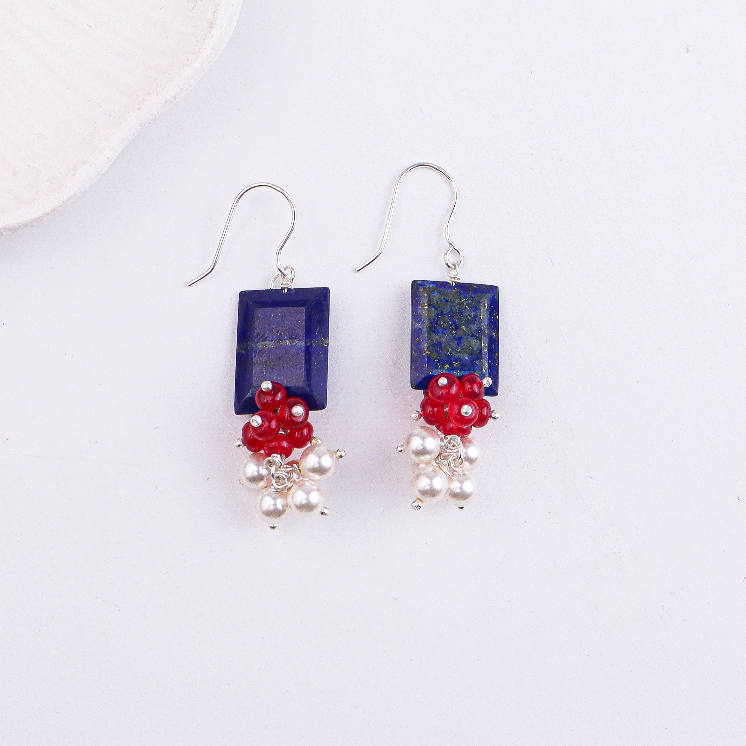 Lapis Chiclets, Ruby & Pearl Silver Earrings (Project Handmade)