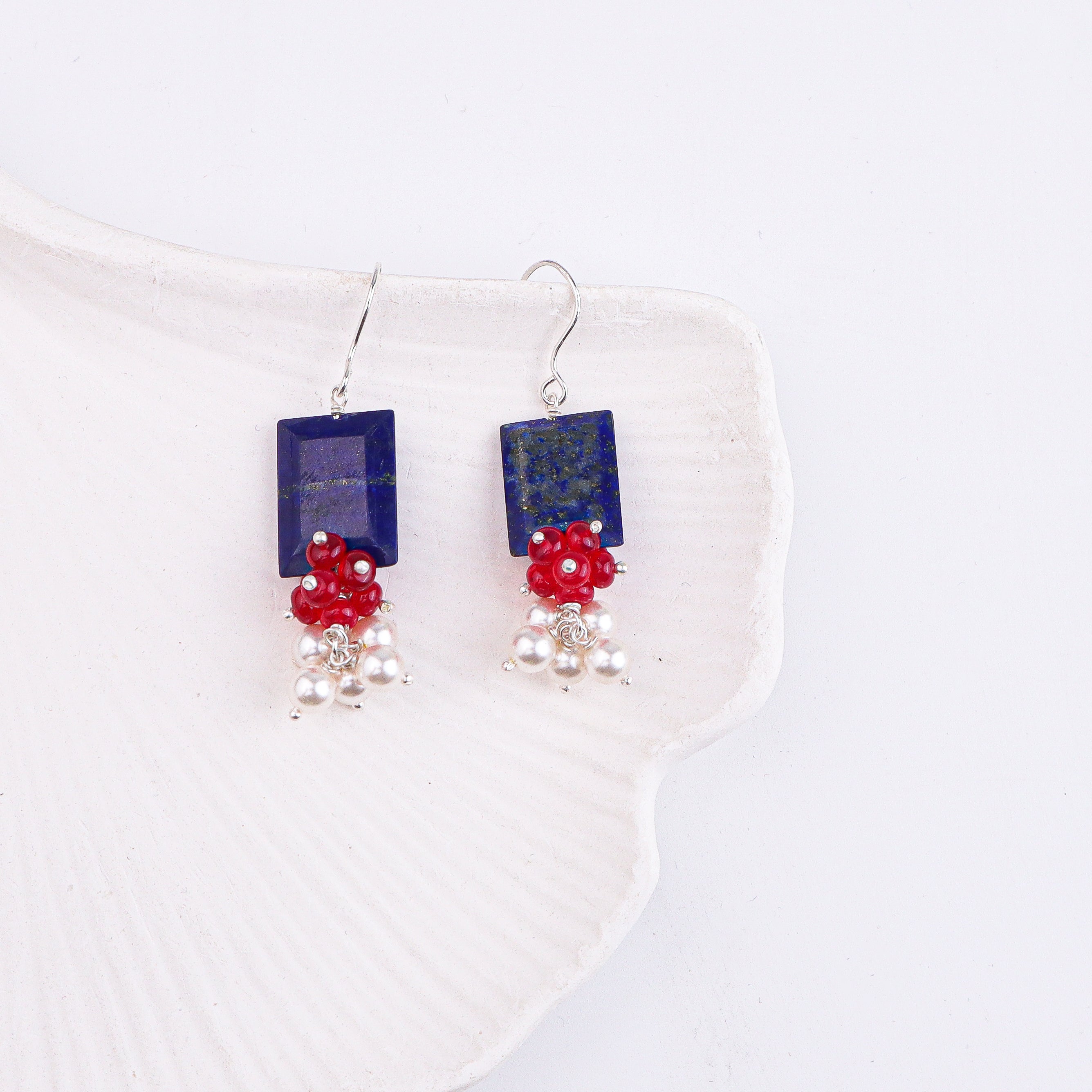Lapis Chiclets, Ruby & Pearl Silver Earrings (Project Handmade)