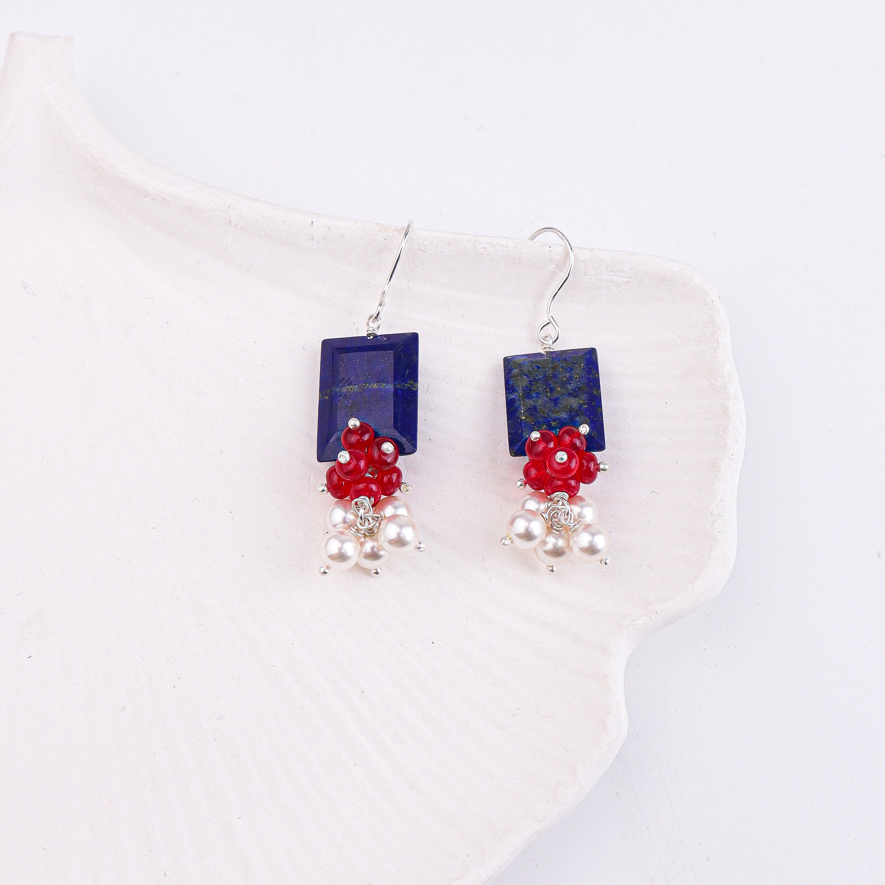 Lapis Chiclets, Ruby & Pearl Silver Earrings (Project Handmade)