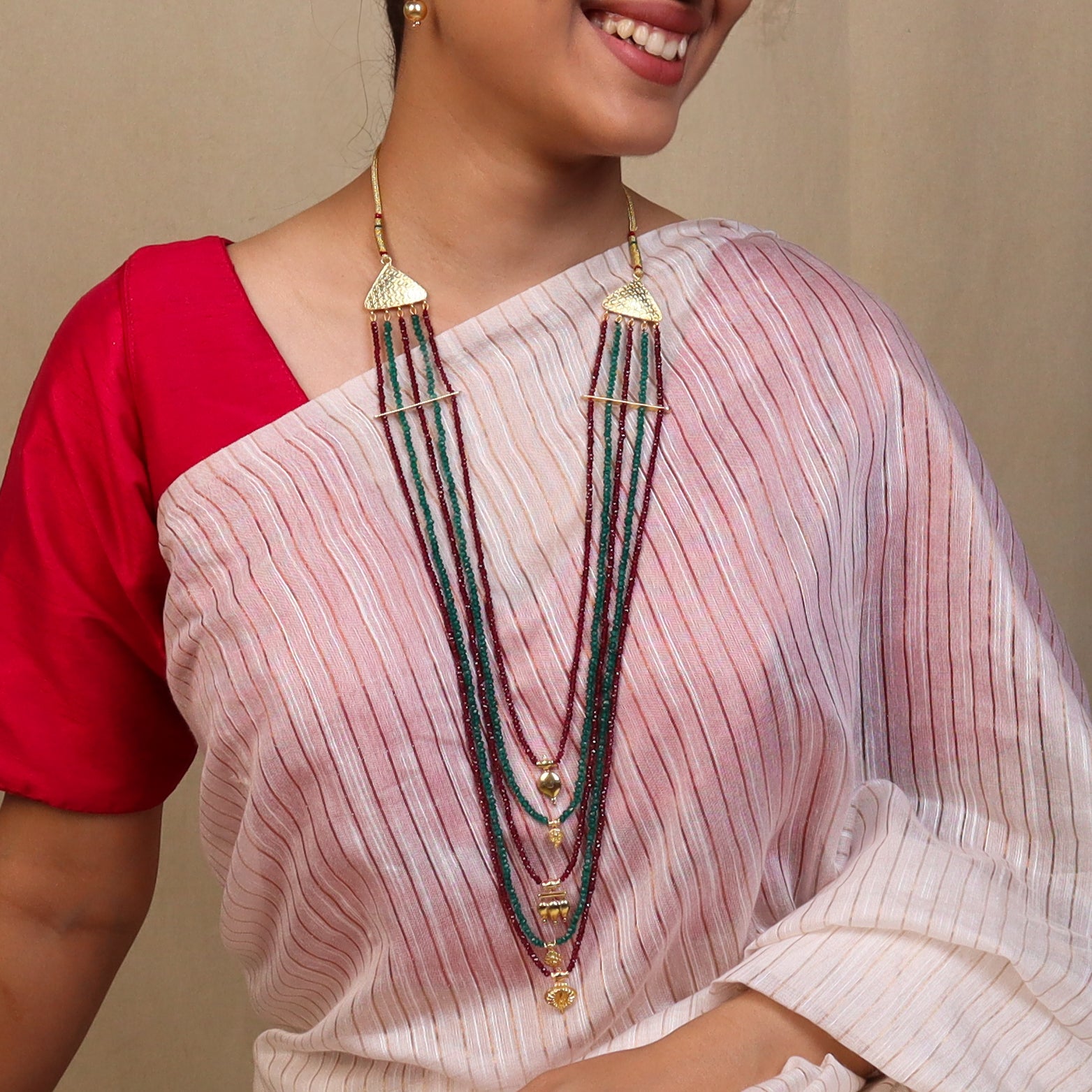 Saaj Motif Satlada Inspired Necklace with Garnets and Green Onyx Stones | 5 Layered | 92.5 Silver | 22K Gold Plated