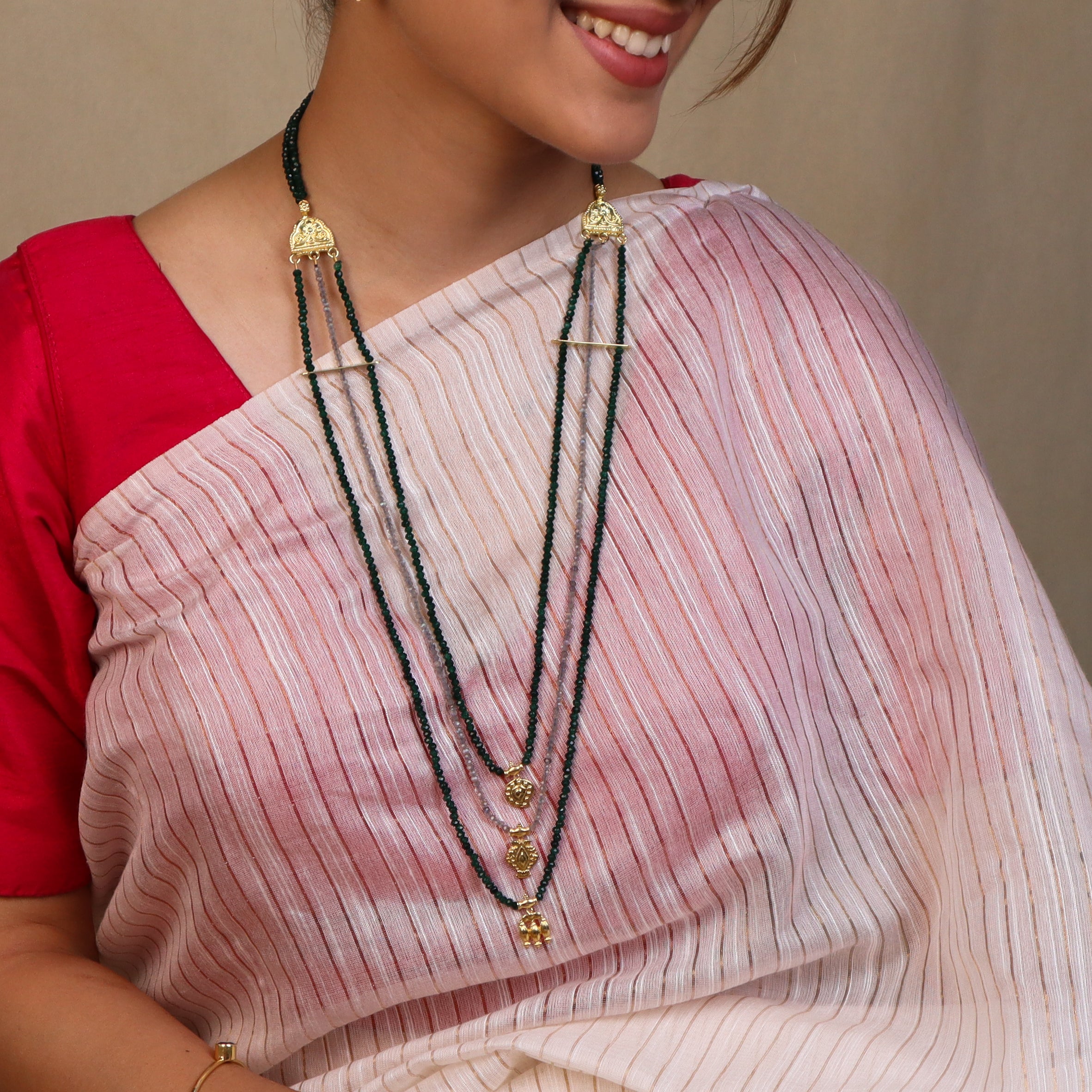 Saaj Motif Satlada Inspired Necklace with Green Onyx and Labradorite Stones| 925 Silver | 22K Gold Plated (3 layered)