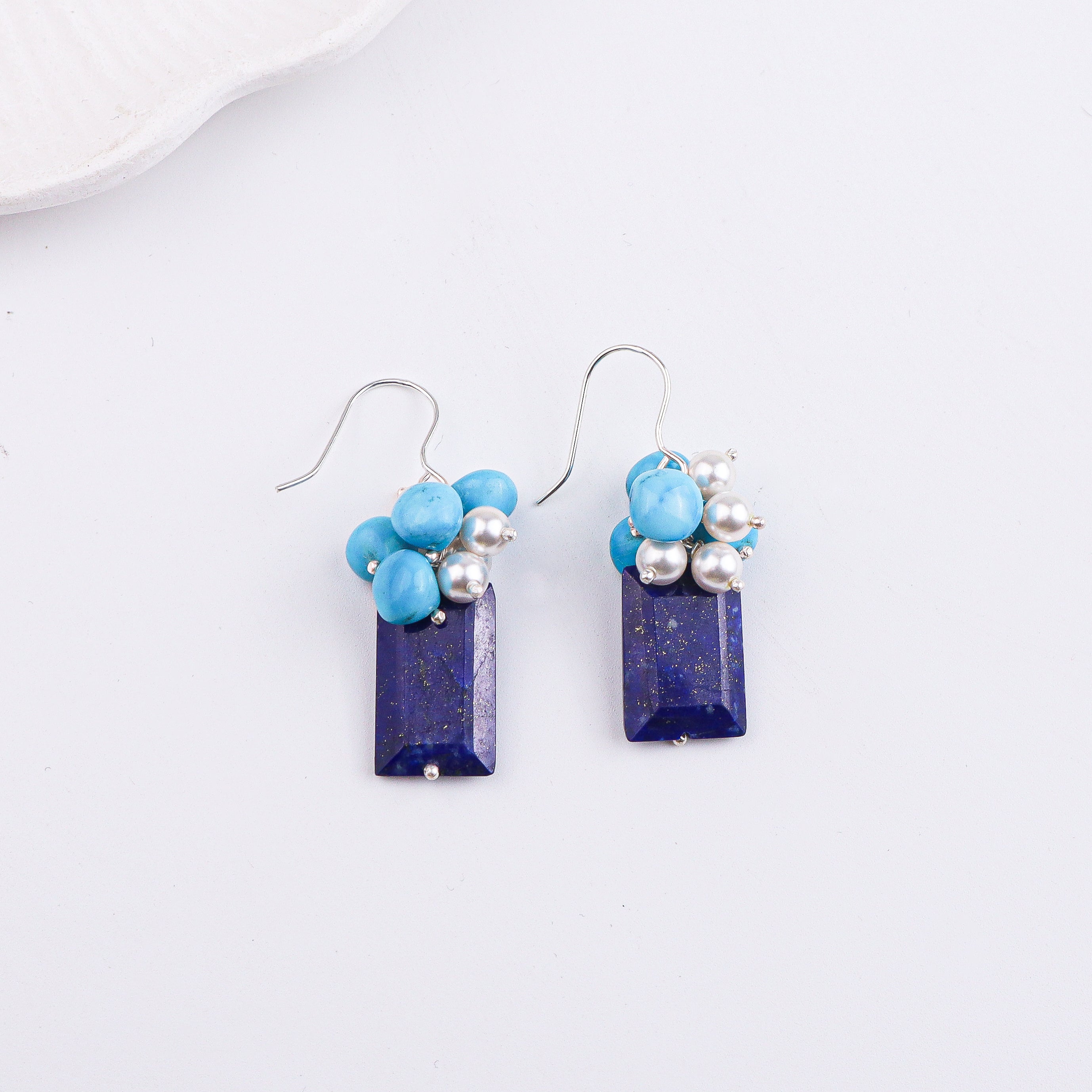 Lapis Chiclets, Arizona Turquoise & Pearl Silver Earrings (Project Handmade)