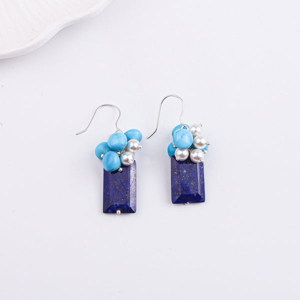Lapis Chiclets, Arizona Turquoise & Pearl Silver Earrings (Project Handmade)