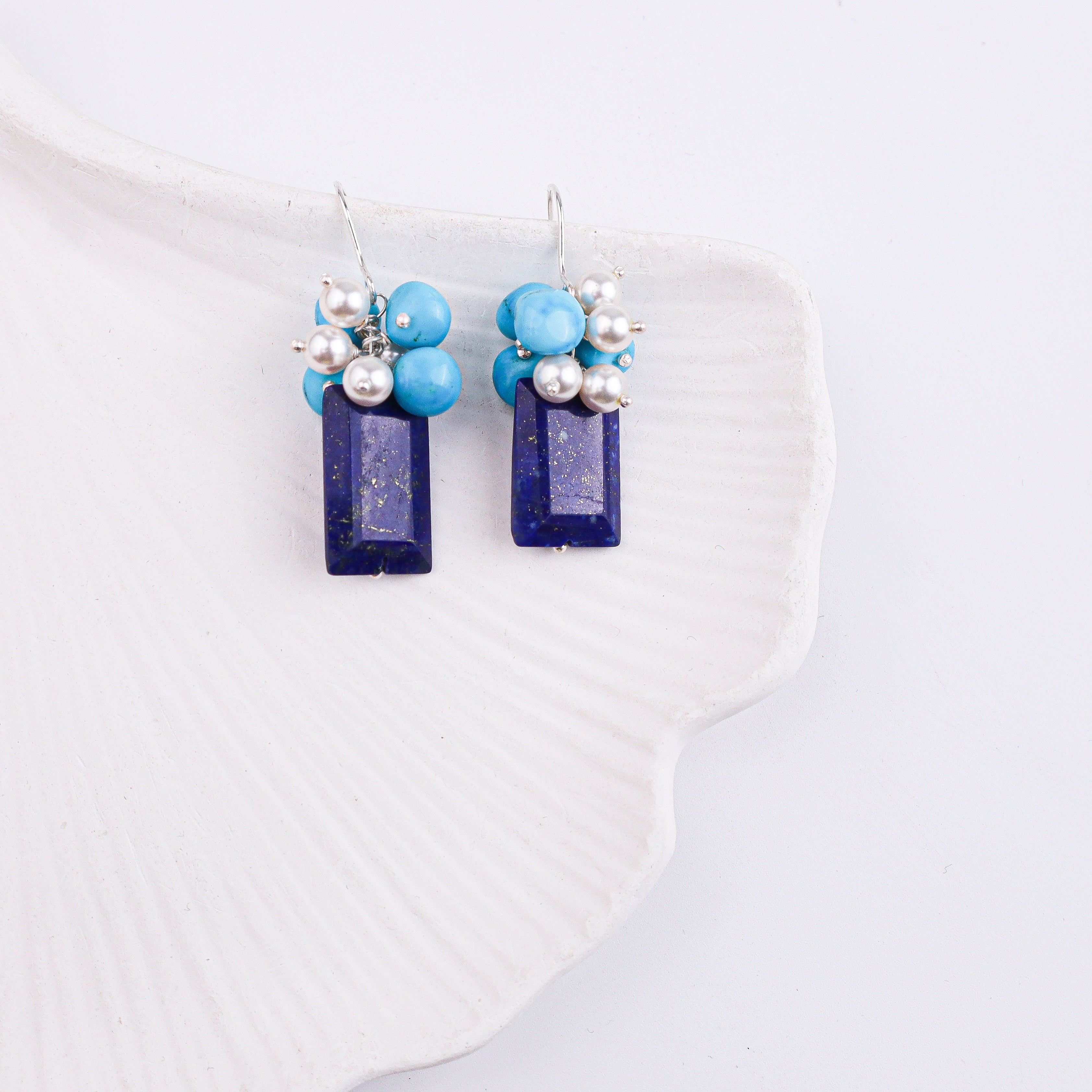 Lapis Chiclets, Arizona Turquoise & Pearl Silver Earrings (Project Handmade)