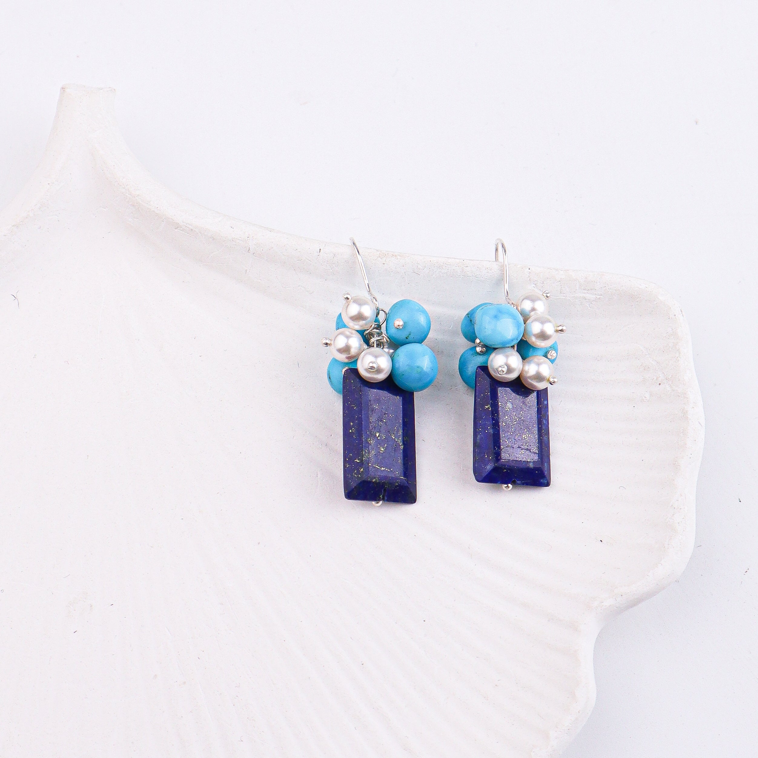 Lapis Chiclets, Arizona Turquoise & Pearl Silver Earrings (Project Handmade)