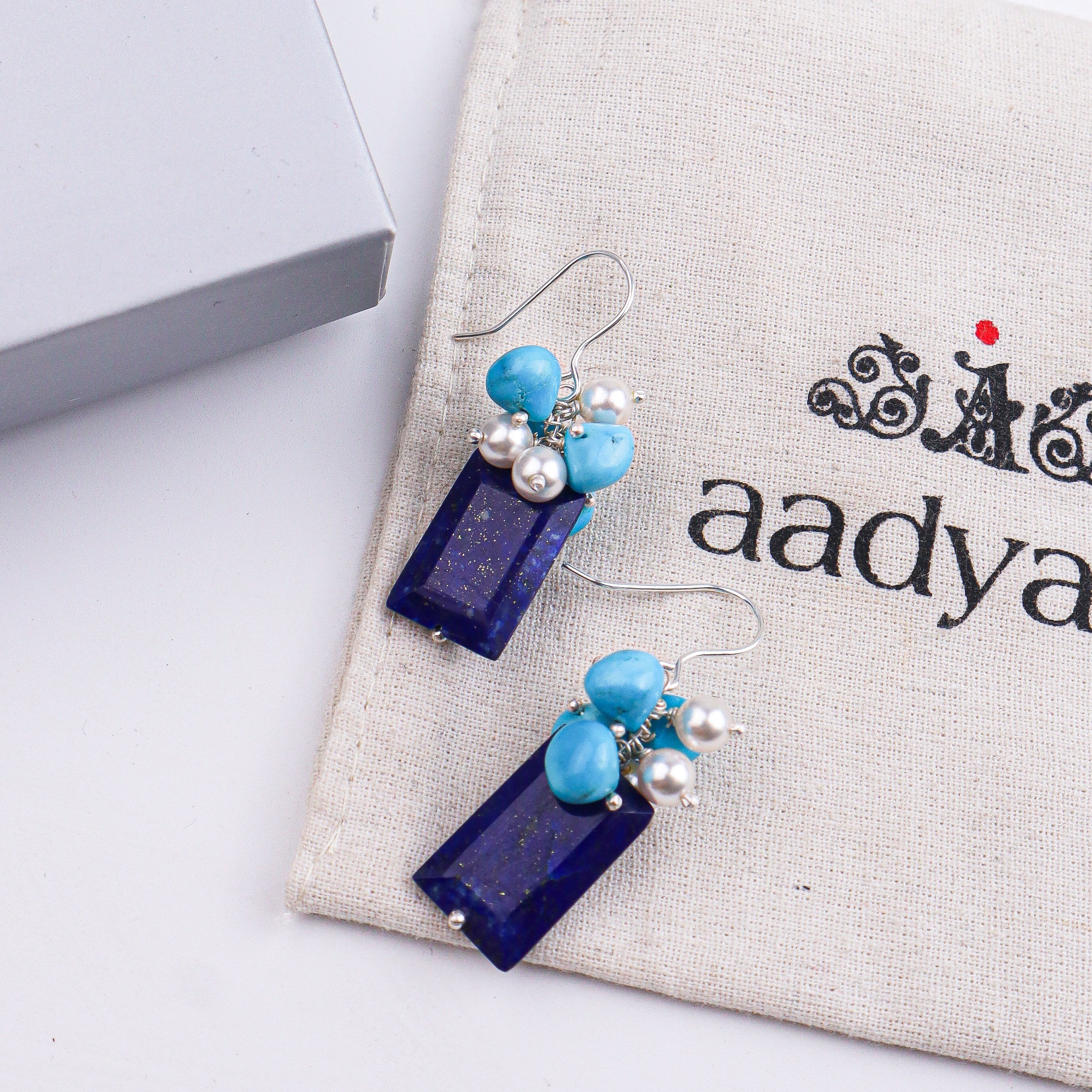 Lapis Chiclets, Arizona Turquoise & Pearl Silver Earrings (Project Handmade)