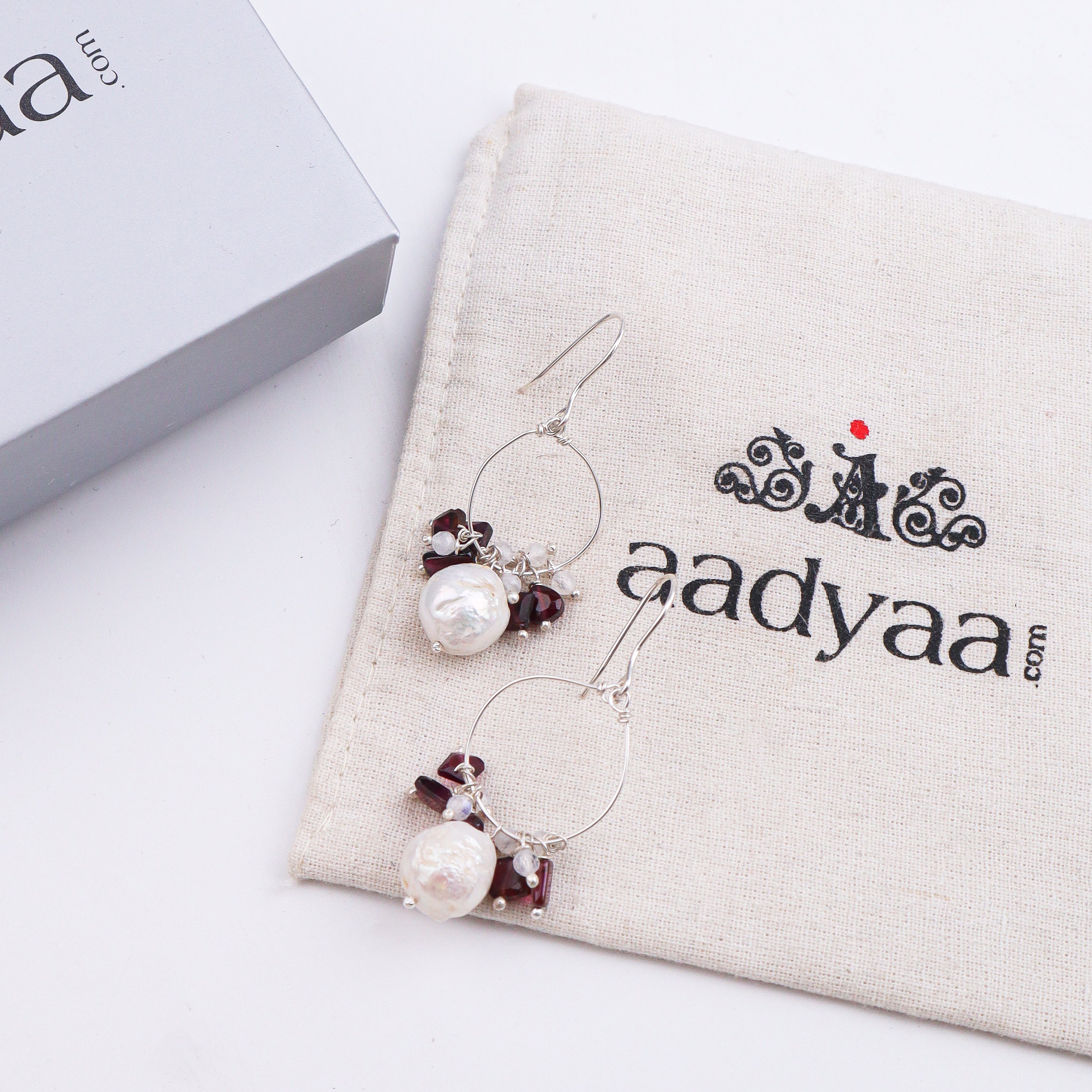 Baroque Pearl, Garnet & Moonstone Silver Earrings (Project Handmade)