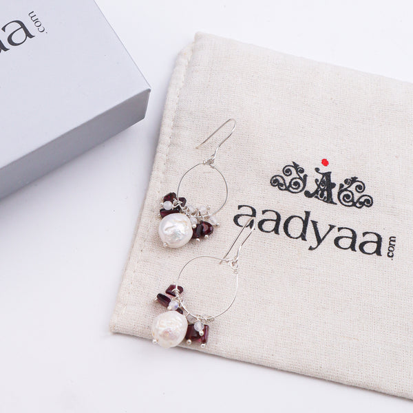 Baroque Pearl, Garnet & Moonstone Silver Earrings (Project Handmade)