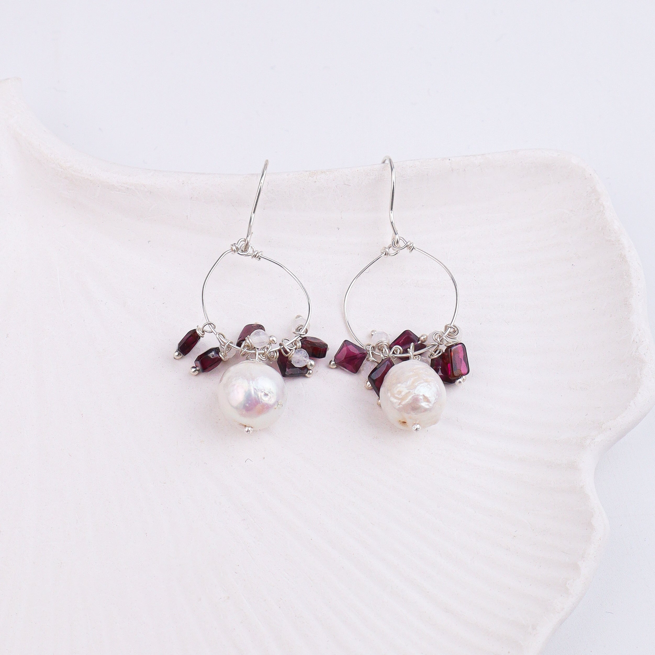 Baroque Pearl, Garnet & Moonstone Silver Earrings (Project Handmade)