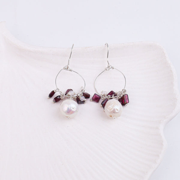 Baroque Pearl, Garnet & Moonstone Silver Earrings (Project Handmade)