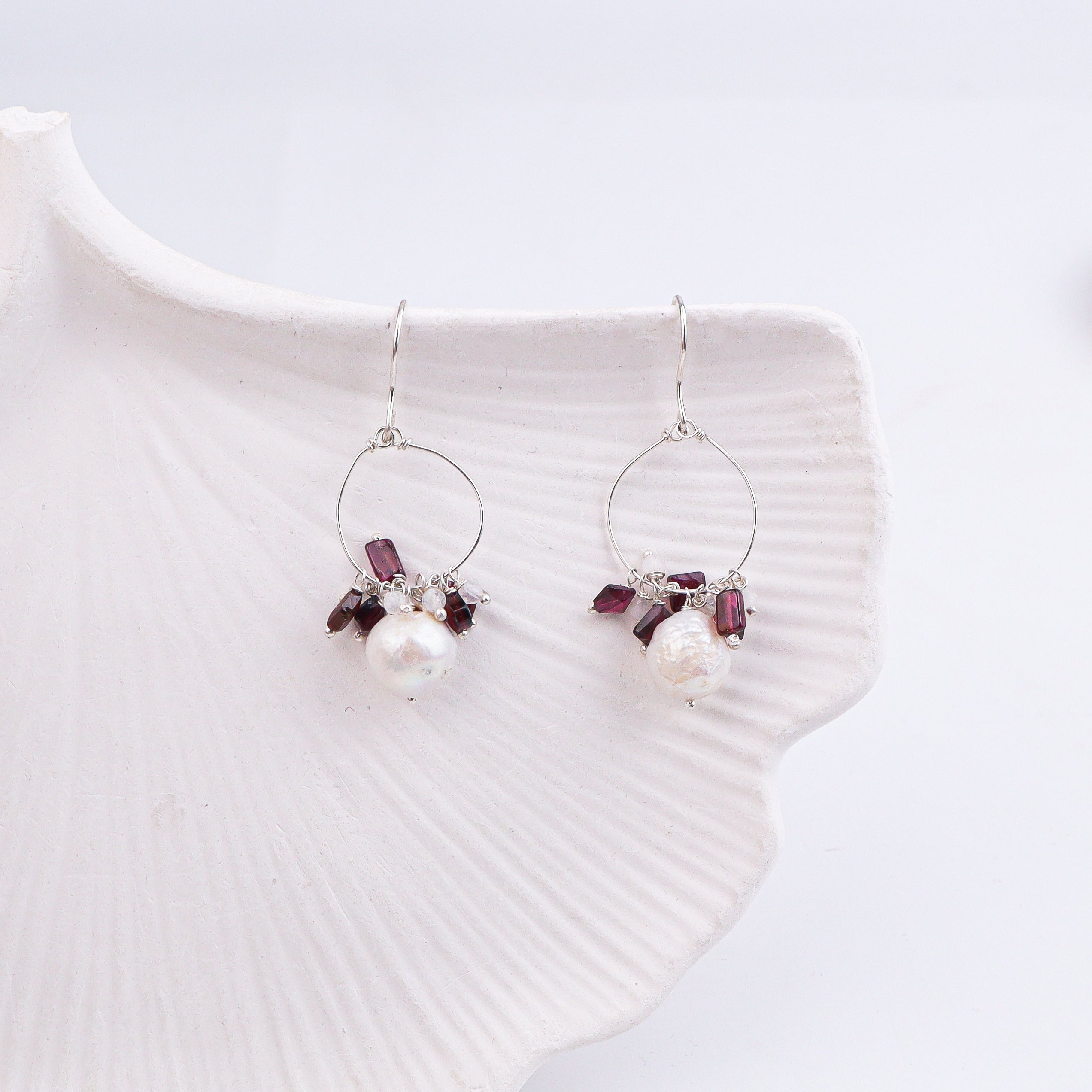 Baroque Pearl, Garnet & Moonstone Silver Earrings (Project Handmade)