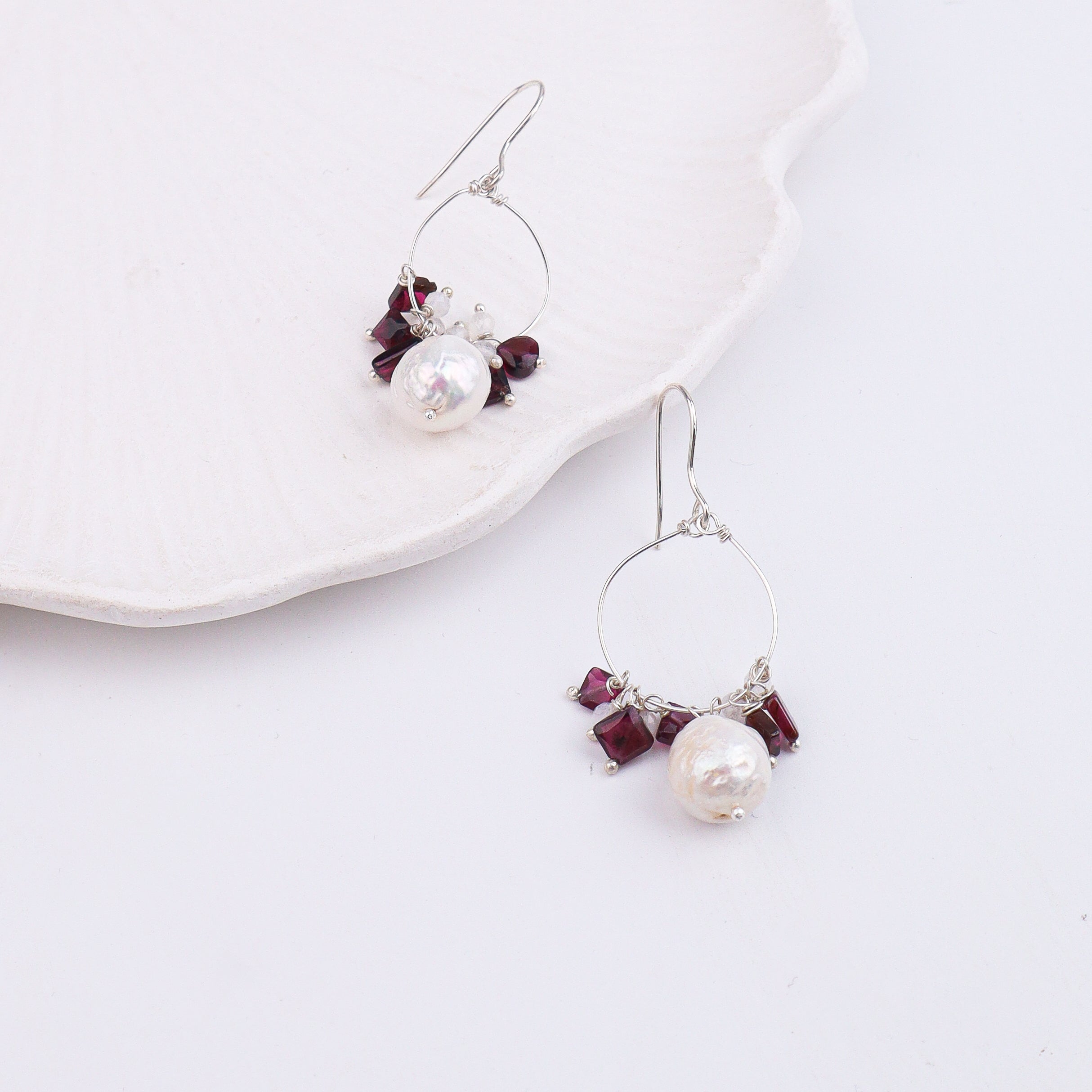 Baroque Pearl, Garnet & Moonstone Silver Earrings (Project Handmade)