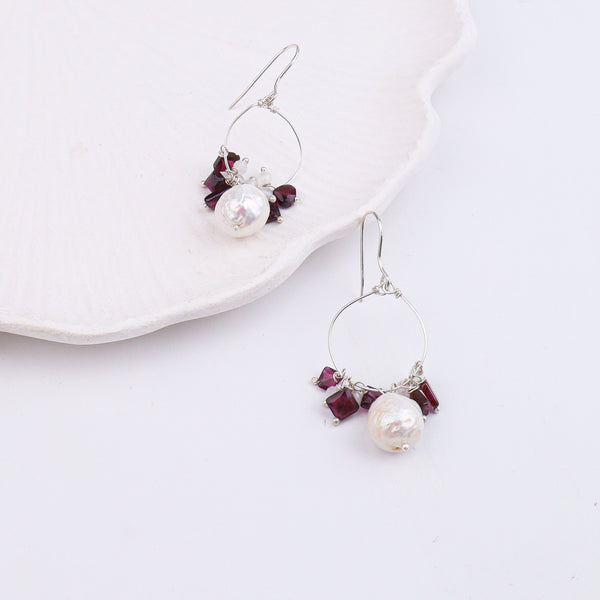 Baroque Pearl, Garnet & Moonstone Silver Earrings (Project Handmade)