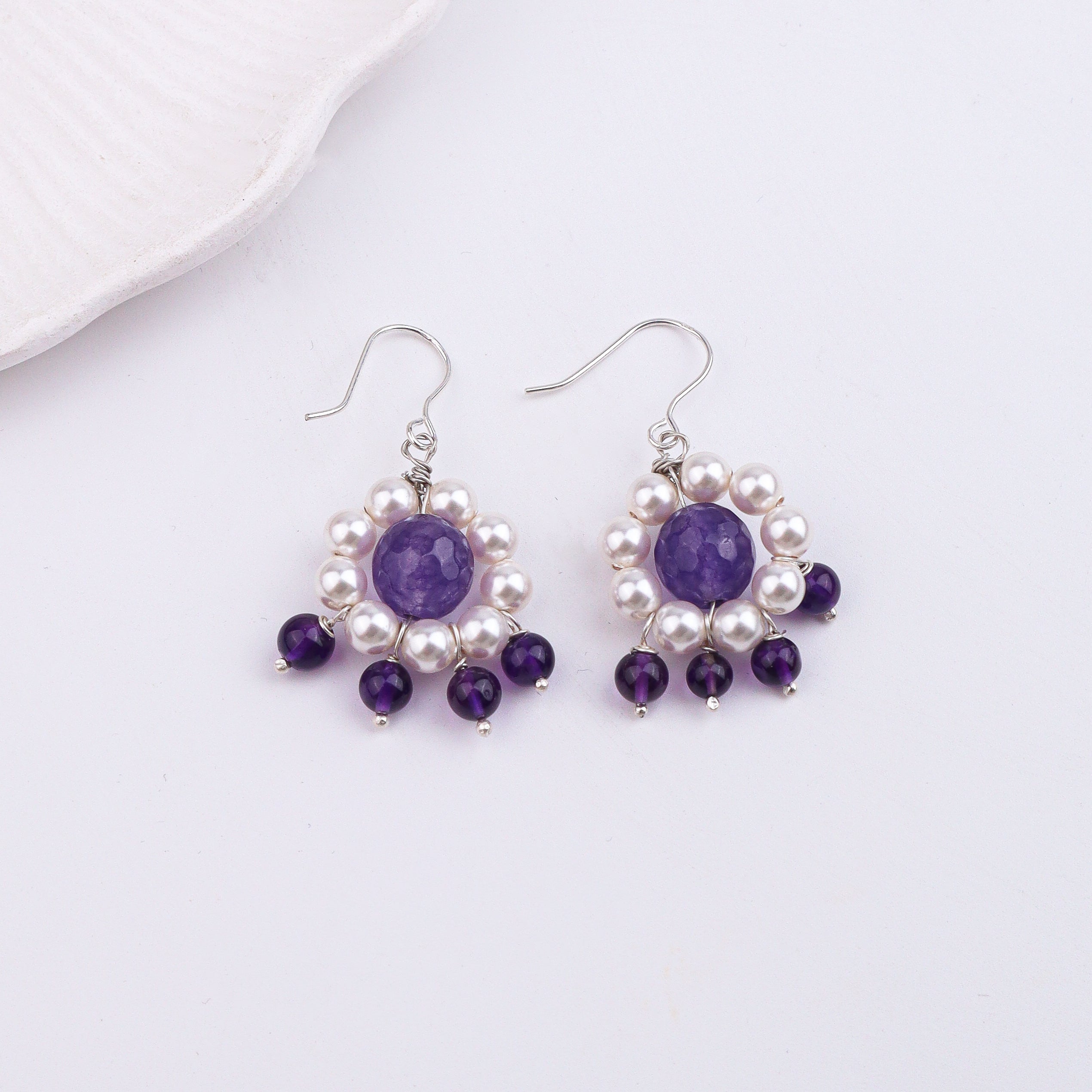 Purple Agate, Amethyst & Pearl Silver Earrings (Project Handmade)