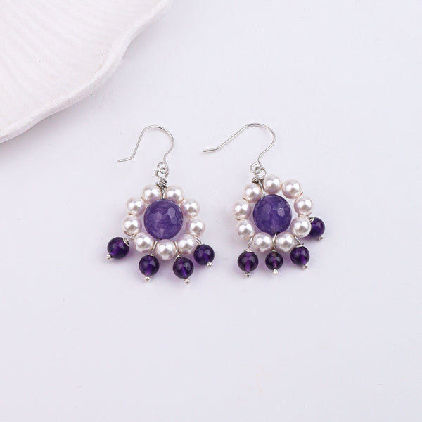 Purple Agate, Amethyst & Pearl Silver Earrings (Project Handmade)