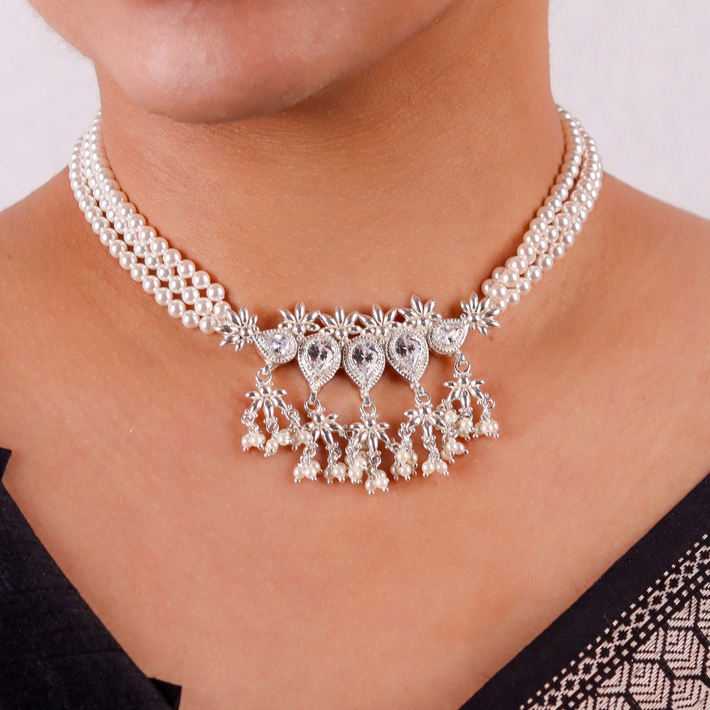Silver CZ Flower Tanmani Set with Pearls (5 Leaf)