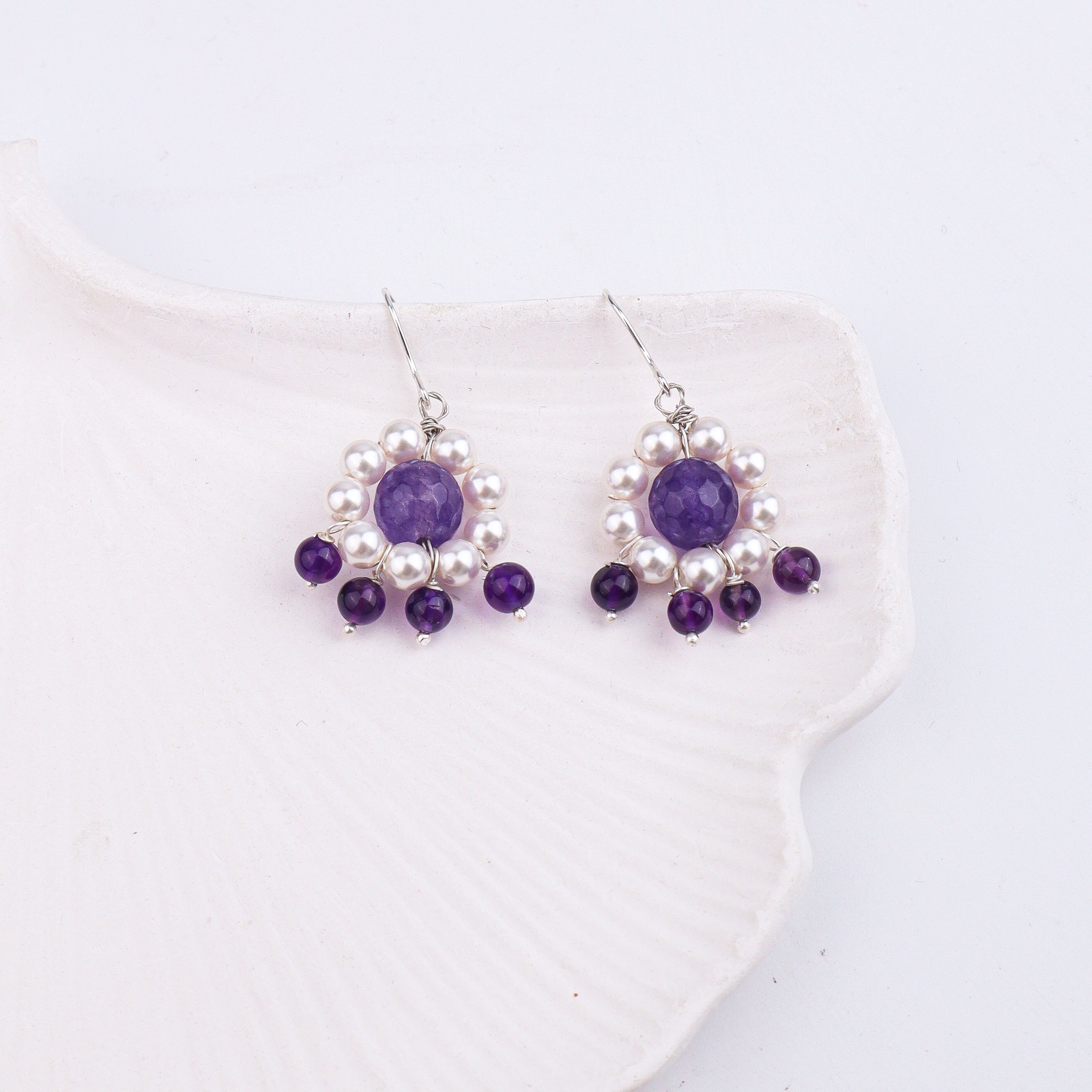 Purple Agate, Amethyst & Pearl Silver Earrings (Project Handmade)